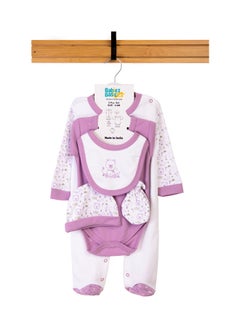 Buy Babiesbasic 5 piece unisex 100% cotton Gift Set include Bib, Romper, Mittens, cap and Sleepsuit/Jumpsuit- Teddy in UAE