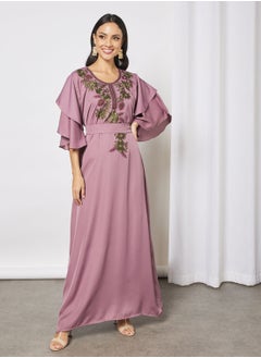 Buy Jalabiya With Floral Embroidery In Short Sleeves With Belt in UAE