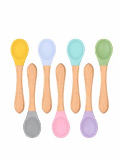 اشتري Baby Spoon, 7 Pcs Baby Feeding Spoons with Soft Curved Silicone Tips, Bamboo Natural Safe Weaning Feeding Spoons, BPA-Free, Safe Utensils for Toddlers Kids Infants, for Toddler Self Feeding Training في الامارات