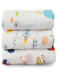 Buy Muslin Swaddle Blanket for Newborns, Pack of 3 Super Soft & Skin-Safe Cotton Baby Swaddle Blankets, for Boys & Girls (Whale/Automobile/Planets Edition) in UAE