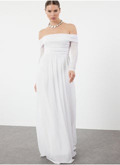 اشتري White A-Cut Carmen Neckline Knitted Tulle Long Evening Evening Dress TPRSS24AE00068 في مصر