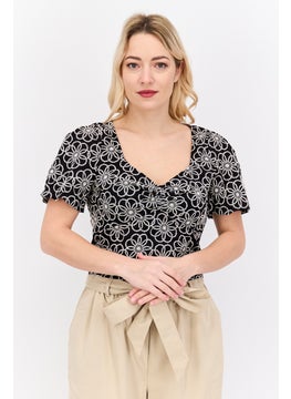 اشتري Women Scoop Neck Short Sleeves Embroidered Blouse, Black/Beige في الامارات