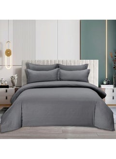 Buy Comfy 6 Pc King Size Fiber Filled Hotel Quality Striped Grey Cotton Comforter Set in UAE