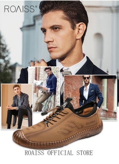 Buy New Mens Casual Drawstring Non-slip Soft Sole Flat Shoes Fashion Round Toe Shoes Daily Hand Stitched Leather Shoes in UAE