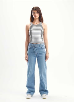 Buy High-Waist Light Wash Criss-Cross Straight Leg Jeans. in Saudi Arabia