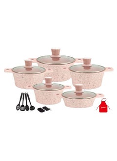 اشتري 17-Pieces Granite Cookware Set Includes Casserole With Lid 24cm, Casserole With Lid 28cm, Casserole With Lid 32cm, Casserole With Lid 28cm, Shallow Casserole 7xCooking Tools Pink/Clear في الامارات