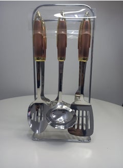 Buy A Set Of 6 Steel Cooking Spoons With A Pink AQnd Gold Handle With A Silver Stand in Saudi Arabia