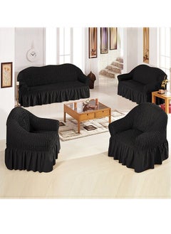 اشتري 4-Piece Super Stretchable Anti-Wrinkle Slip Flexible Resistant Jacquard Sofa Cover Set Black في السعودية