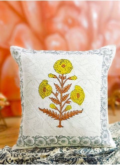 Buy Black Yellow Premium Organic Cotton  Hand Block Printed Cushion Cover 40 X 40 Cm in UAE