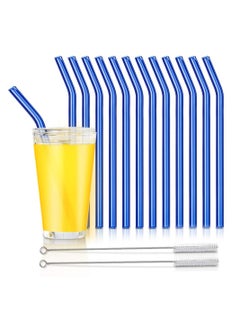 Buy Reusable Glass Straws, Bent Drinking Straws with 2 Cleaning Brushes, for Smoothies, Milkshakes, Juice (Blue, 12 Pack) in UAE