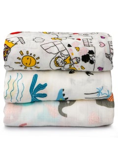 Buy 3-Pcs Baby Swaddle Blanket Unisex Wrap Soft Silky Muslin,Blanket for Boys and Girls Set of 3- Elephant/Dinosaur/Happy Family in UAE