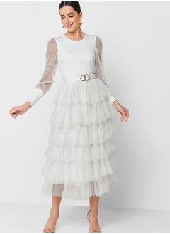 Buy Mesh Sleeve Tiered Dress in UAE