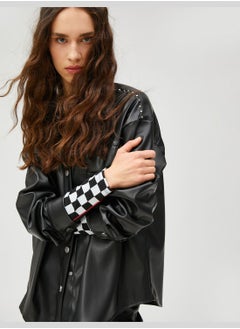 Buy Oversized Pocket Detail Shirt Neck Faux Leather Jacket in UAE