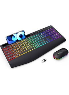 Buy Wireless Keyboard and Mouse Combo with Backlit,2.4G Full Size Ergonomic Rechargeable Light Up Computer Keyboard with Phone Tablet Holder,Silent Mouse,Quiet Click, for Windows,Mac,PC,Laptop (B Black) in UAE