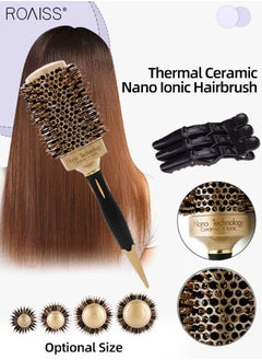 Buy Thermal Ceramic Nano Ionic Hairbrush Professional Anti-static Round Barrel Hair Styling Comb Portable Boar Bristle Brush for Blow Drying, Curling, Straightening, Volume and Shine with Croc Clips in UAE