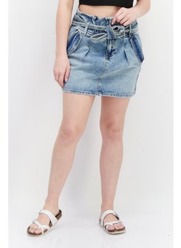 اشتري Women Belted Washed Denim Skirts, Blue في الامارات