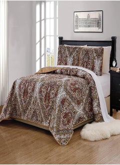 Buy Linen Plus Quilted Bedspread Set Oversized Reversible Coverlet Floral Taupe Brown Green New (Full/Queen) in UAE