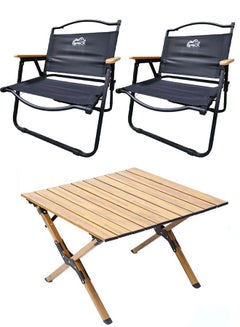 Buy Portable Folding Table with 2 Chairs Set Wooden table Outdoor and Indoor Picnic Camping set in UAE