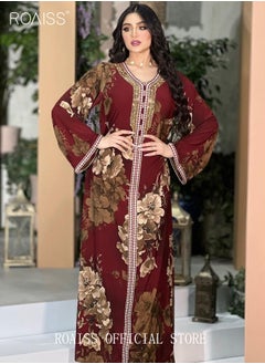 Buy Ramadan Women Muslim Dress V-Collor Embroidery Evening Party Gown Bell Sleeve Long Dresses Party Robe Women Floral Embroidery Islamic Dresses in UAE