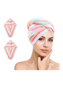 اشتري 2 Pcs Soft Microfiber Quick Dry Hair Drying Towels Water Absorbent Cap Bath Shower Wrap Turban with Button for All Types and Lengths Rainbow في الامارات