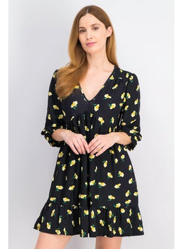 Buy Women Floral V-neck A,Line Dress, Black in UAE