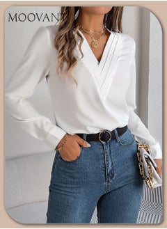 Buy Elegant Women's Solid Color V-neck Long Sleeve Shirt, Premium Fashion Top for Women, White in Saudi Arabia