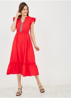 Buy Embroidered Notch Neck A-Line Midi Dress in Saudi Arabia