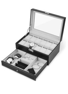 اشتري Watch Box, 12 Slots PU Leather Case Organizer with Jewelry Drawer for Storage and Display (Black) في السعودية