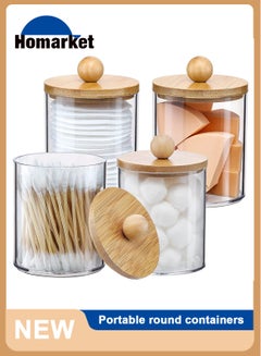 Buy 4 Pack Qtip Holder Dispenser with Bamboo Lids - 10 oz Clear Plastic Apothecary Jar Containers for Vanity Makeup Organizer Storage - Bathroom Accessories Set for Cotton Swab, Ball, Pads, Floss in UAE