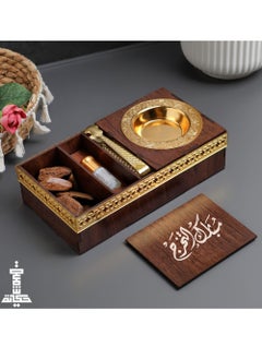 Buy A Distinctive Wooden Incense Burner that Comes with Oud oil and Marouki Incense with an Arabic Phrase in Saudi Arabia