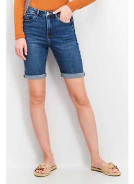 اشتري Women Regular Fit Cuffed Hem Denim Short, Blue Wash في الامارات