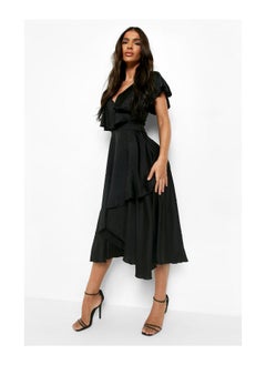 Buy Satin Ruffle Wrap Detail Skater Dress in UAE