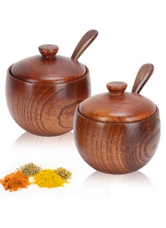 Buy 2 Sets Sugar Bowl with Lid and Spoon, Wooden Condiment Jar Spice Container, Sugar Container, Condiment Canisters, Seasoning Box, Salt Container for Kitchen in UAE