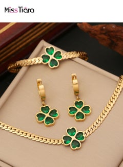 Buy Super Fashion Emerald Heart Lucky Clover Bracelet Necklace Earring Set Stainless Steel Clavicle Chain for Women Girls in UAE