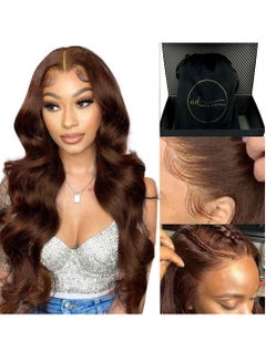 Buy 28 Inches Chocolate Brown Body Wave Wig 13X4 Transparent Front Lace Natural Brazilian Virgin Hair Pre Plucked 150 Percent Density GlueLess in UAE