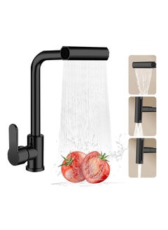 Buy Waterfall Kitchen Sink Tap with Pull Out Sprayer, 360° Swivel & Single Handle Matte Black Kitchen Faucet 4 Modes, Modern Stainless Steel 1 Hole Sink Mixer in Saudi Arabia