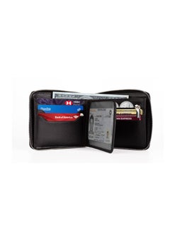 Buy Zipper Wallet for Men Genuine Leather Bifold  Multi Card Holder Rfid Protected Black in Saudi Arabia
