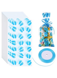 Buy 100 Pieces Baby Shower Treat Bags For Boys Baby Print Cellophane Candy Bags Small Baby Footprint Candy Bags Party Favor Bags With Ribbons For Baby Shower Birthday Party Supplies(Blue) in Saudi Arabia