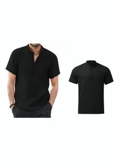 Buy Men's Summer Loose Shirts Cotton Linen Button-Up Tops Short Sleeve V-Neck Henley Shirts Casual Comfort Beach Shirts in Saudi Arabia