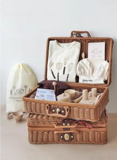 Buy Baby Giftset for Newborn with Rompers and wooden toys in cute suitcase in Chef theme for Girls and Boys in UAE