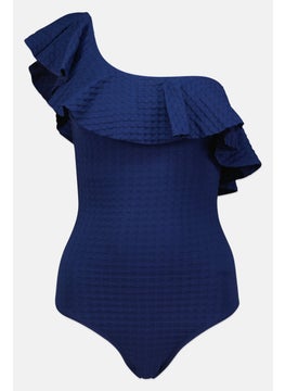 Buy Women Padded One Shoulder Sleeve Ruffle Detail One Piece, Navy in UAE