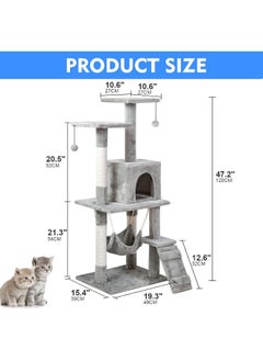 اشتري Cat Tree Tower, Cat Condo with Sisal Scratching Post,Activity Centre Cat Climbing Tree with Cat House, Hammock, Sisal Posts, Ladder, and Rest Place for Indoor Cat（120×49×39cm）Grey في الامارات