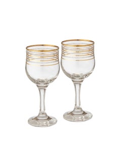 Buy A set of glass juice cups with gold decor and lines, 6 pieces in Saudi Arabia