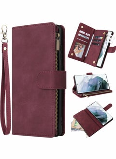 Buy Phone Case Wallet with Card Slots for Samsung Galaxy S22 Ultra, Soft PU Leather Zipper with Wrist Strap Flip Phone Protective Cover, 2 in 1 Phone Case (Wine Red- 6.8") in UAE