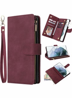 اشتري Phone Case Wallet with Card Slots for Samsung Galaxy S22 Ultra, Soft PU Leather Zipper with Wrist Strap Flip Phone Protective Cover, 2 in 1 Phone Case (Wine Red- 6.8") في الامارات