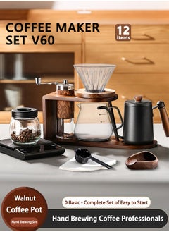 Buy V60 Drip coffee set With Pour Over coffee maker 11 pcs set with Stylish Holder, 600ml Server, Wooden dripper V60 Accessories Holder Stand & 100pcs White Filter in Saudi Arabia