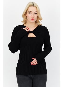 Buy Women Round Neck Long Sleeves Ribbed Sweater, Black in UAE