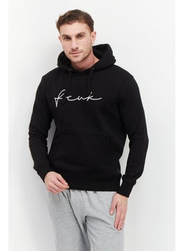 Buy Men Hood with Drawstring Front Pocket Embroidered Logo Fleece Sweatshirts, Black in UAE