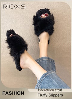 Buy Women's Cross Band Fluffy Slippers, Soft Cozy Open-toe House Shoes, Furry Warm Comfy Slip-ons for Indoor or Outdoor Use, High-quality Stylish Anti-Slide Slipper, Convenient for You to Put on or off in UAE