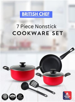 اشتري 7 Piece Nonstick Cookware Set, 24CM Casserole + Lid, 20CM Casserole + Lid, 24CM Frypan, Nylon Turner, Nylon Ladle BC131 في السعودية